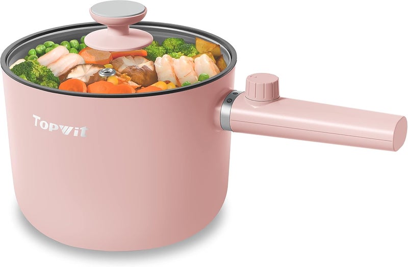 TopWit Hot Pot Electric, 1.5L Ramen Cooker, Portable Non-Stick Frying Pan, Electric Pot for Pasta, Steak, BPA Free, Electric Cooker with Dual Power Control, Over-Heating & Boil Dry Protection, Pink - Image 1